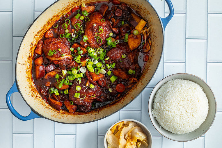 Soy Braised Chicken with Sweet Potatoes and Steamed Rice