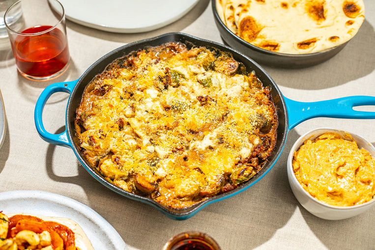 Tingly Cheesy Brussels Sprouts & Sausage Bake