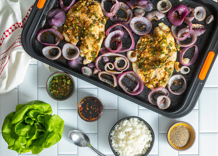 Sheet Pan Ginger Scallion Fish Ssäm with Savory Charred Onions