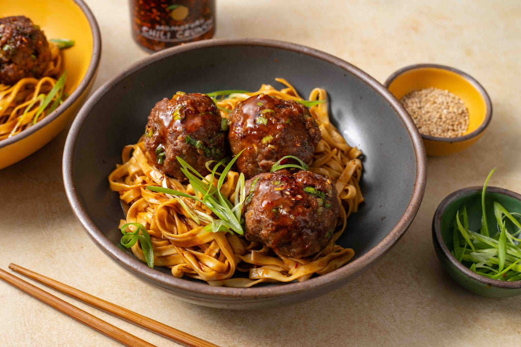 Sheet Pan BBQ Meatballs with Sweet & Spicy Noodles – Momofuku Goods