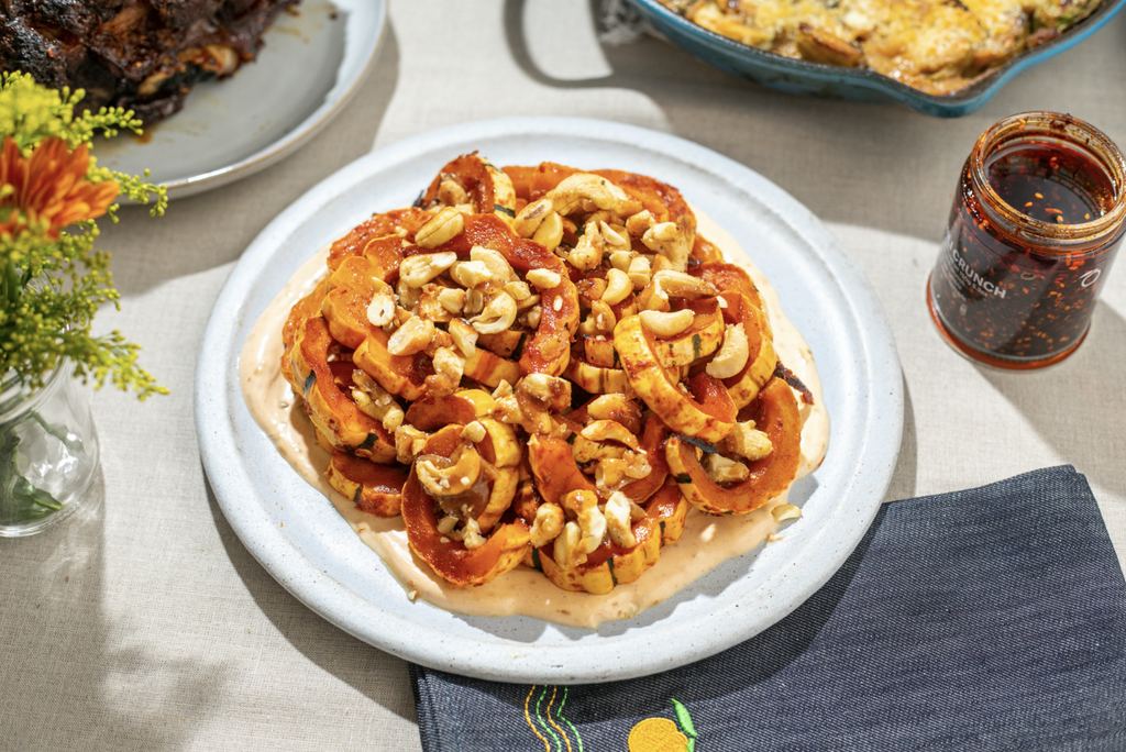 Spicy Roasted Delicata Squash with Chili Crunch Cream & Candied
