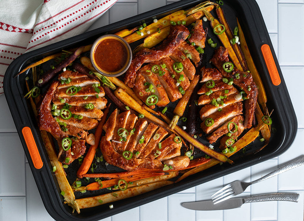 Sheet Pan Pork Chops with Jo's Korean Marinade and Spicy Carrots