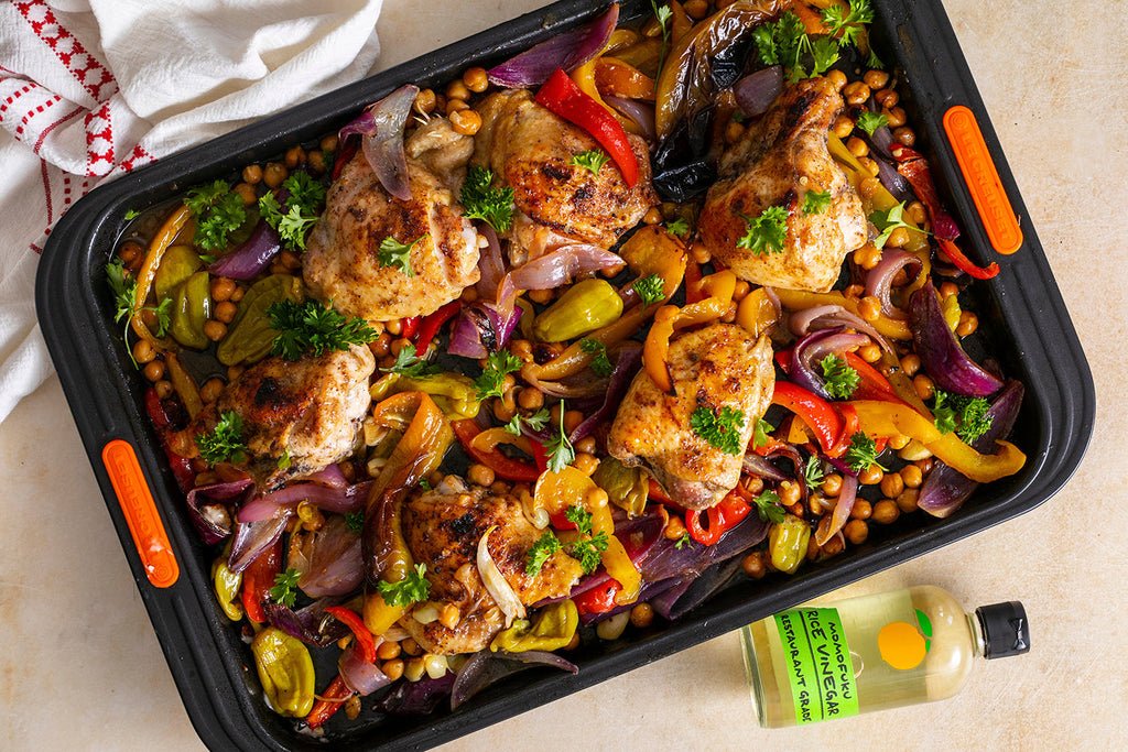Sheet Pan Vinegar Chicken with Roasted Peppers and Onions – Momofuku Goods