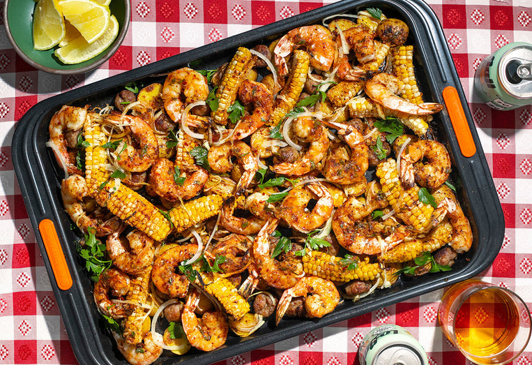 Sheet Pan Shrimp “Boil” with Sausage Meatballs and Spicy Corn Ribs