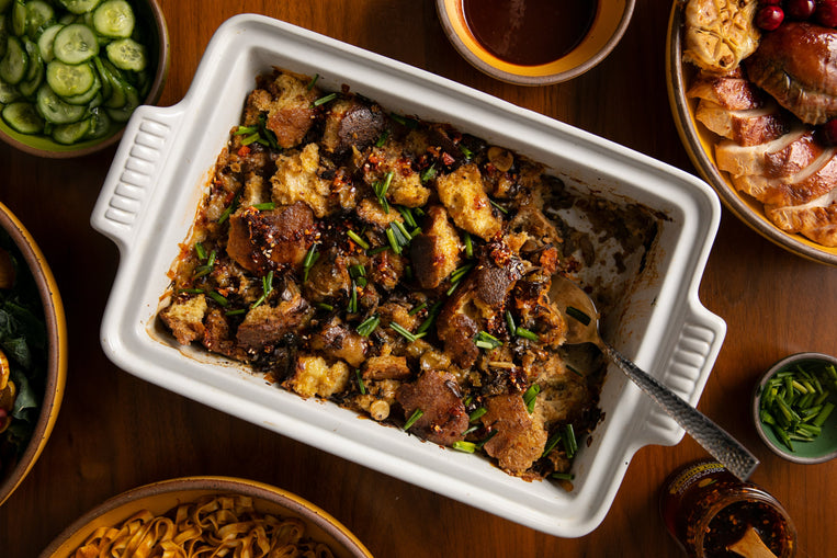 cheesy black truffle chili crunch stuffing with mushrooms