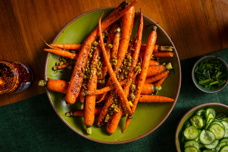Charred Carrots with Savory Pistachio Crumble