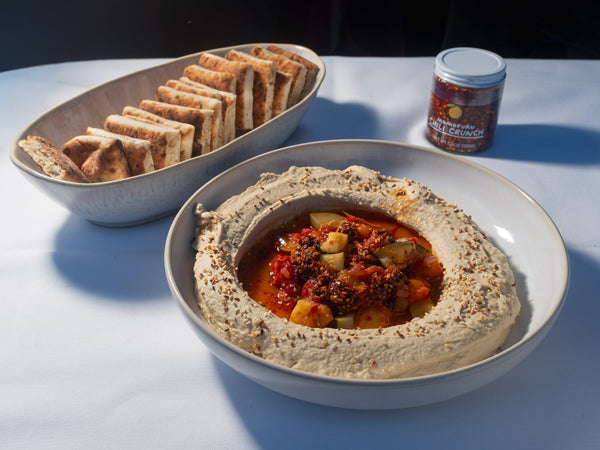Sungolds, Squash, & Sesame Hummus with Chili Crunch