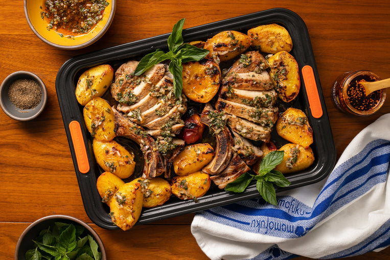 charred-pork-chops-peaches-with-spicy-mint-sauce