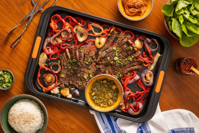 sheet-pan-skirt-steak-ssam-with-charred-peppers-and-onions