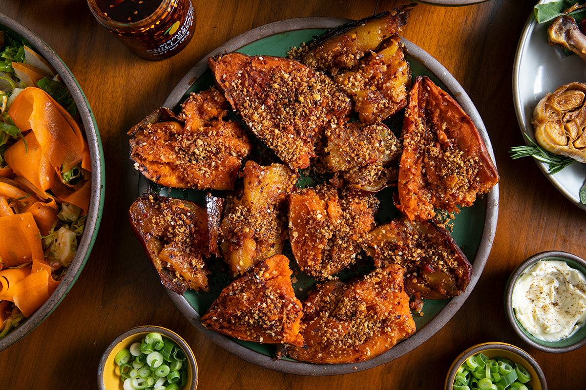 Twice-Baked Chili Crunch Maple Syrup Sweet Potatoes – Momofuku Goods