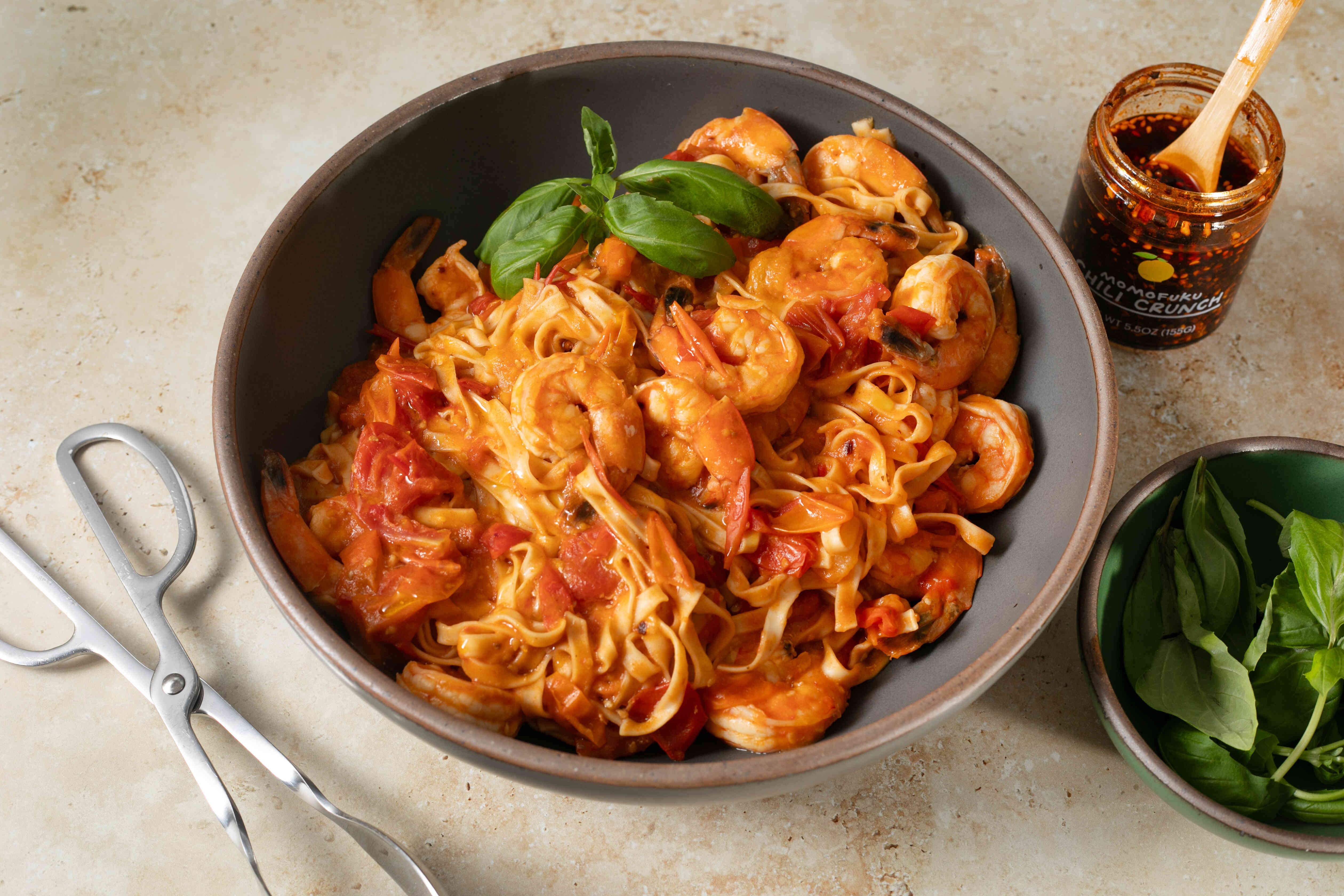 30-Minute Sweet & Spicy Burst Tomato Noodles with Shrimp