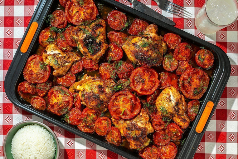 Sheet Pan Hot Honey Roasted Chicken & Summer Tomatoes