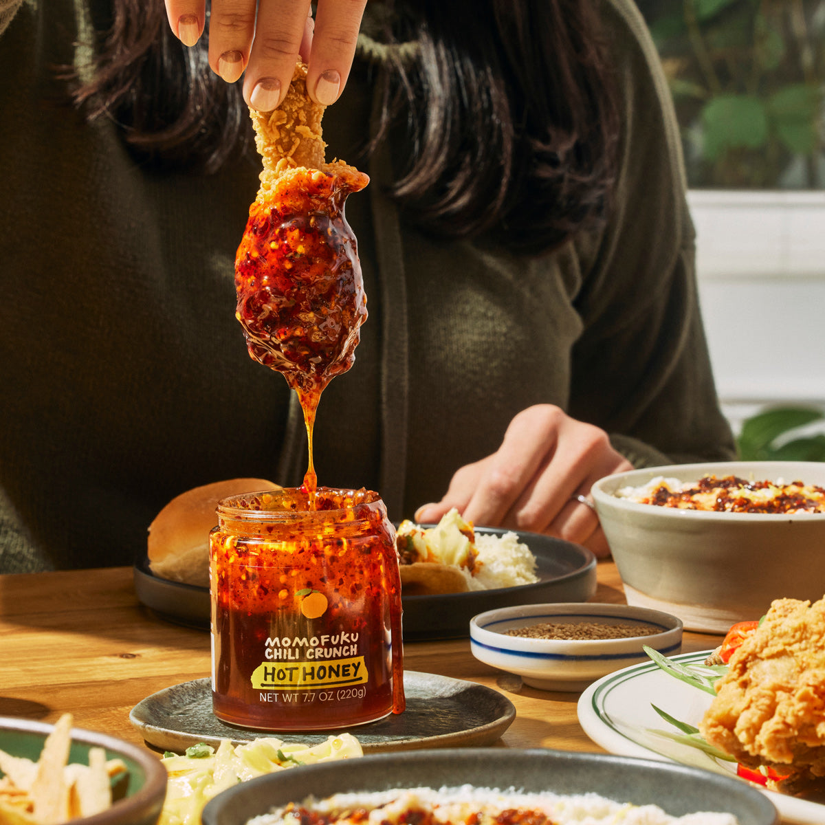 fried chicken dipped in chili crunch honey