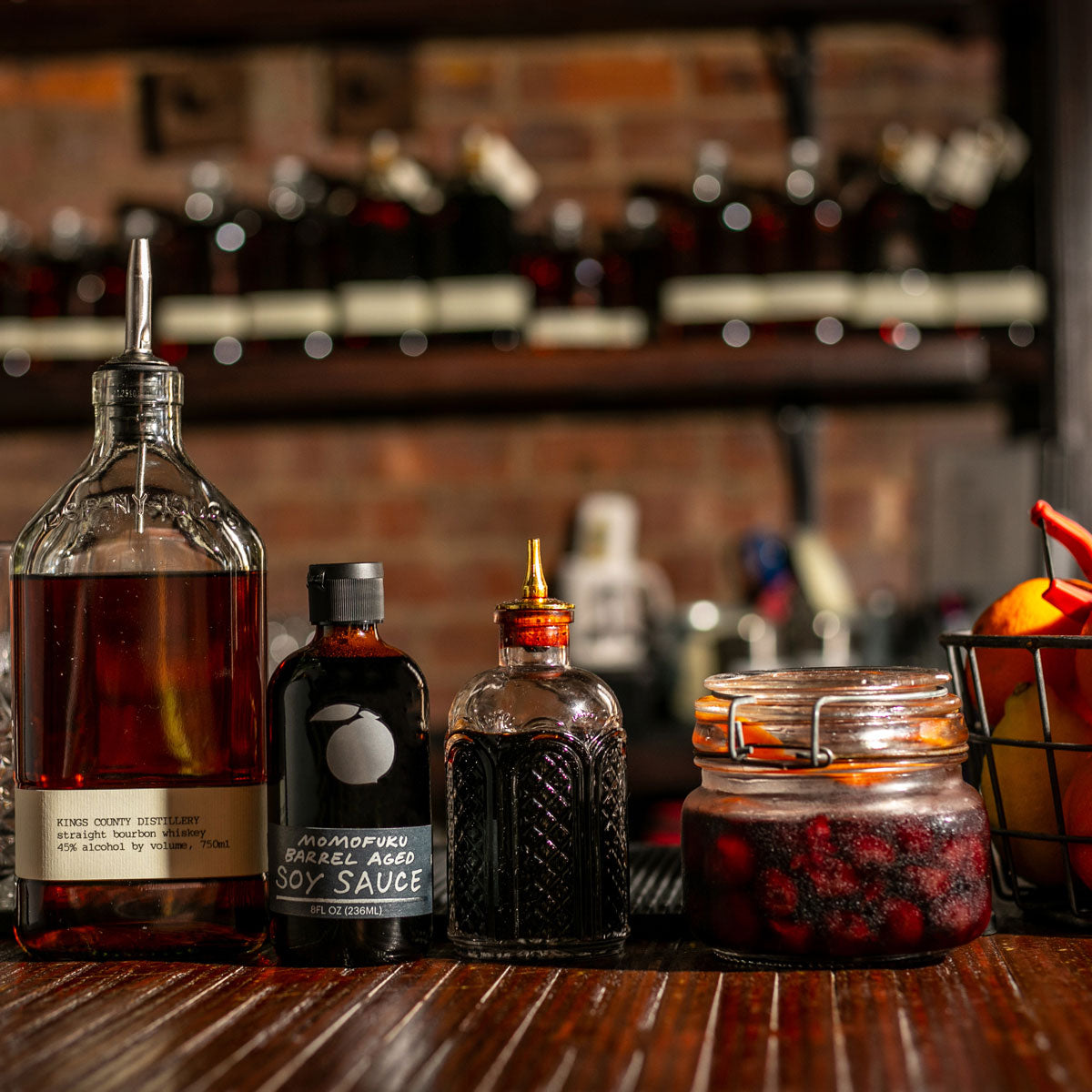 barrel aged soy sauce with other bar top accoutrements 