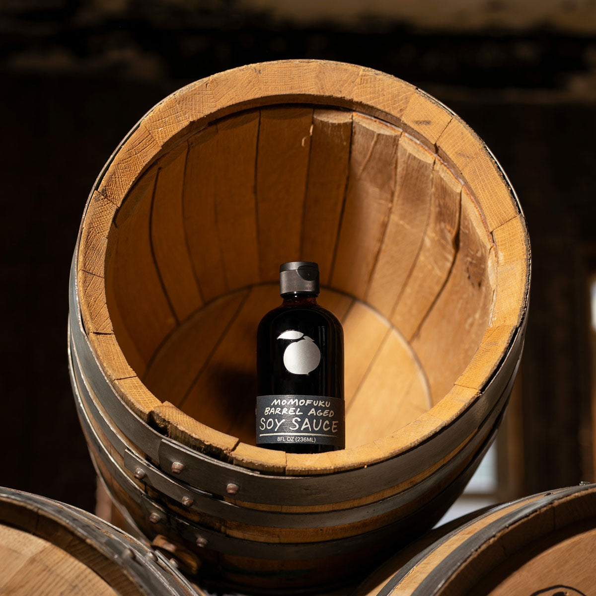 barrel aged soy sauce in a barrel