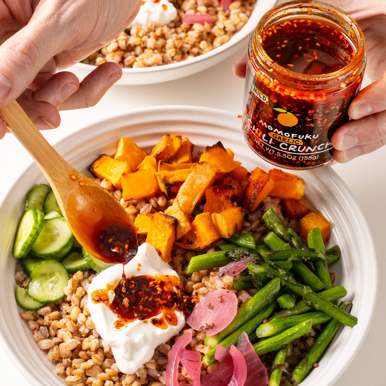 garlic chili crunch poured on top of dish