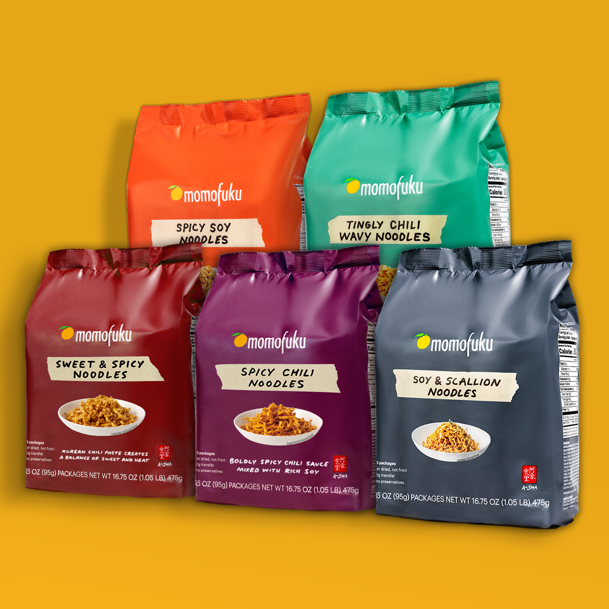 spicy soy, spicy chili, tingly chili, sweet & spicy and soy & scallion noodle pack with yellow background