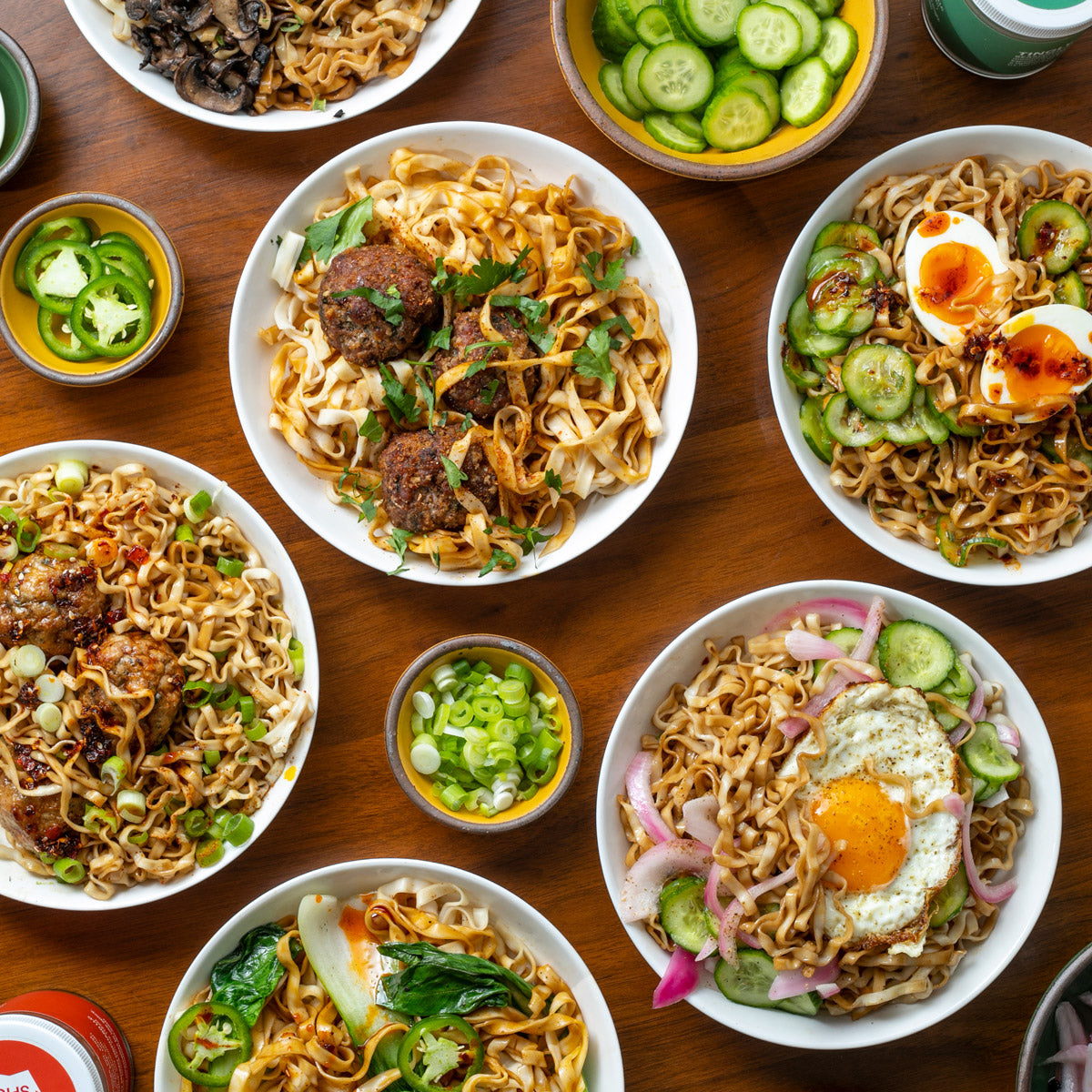 Noodle bowls with a variety of extra toppings