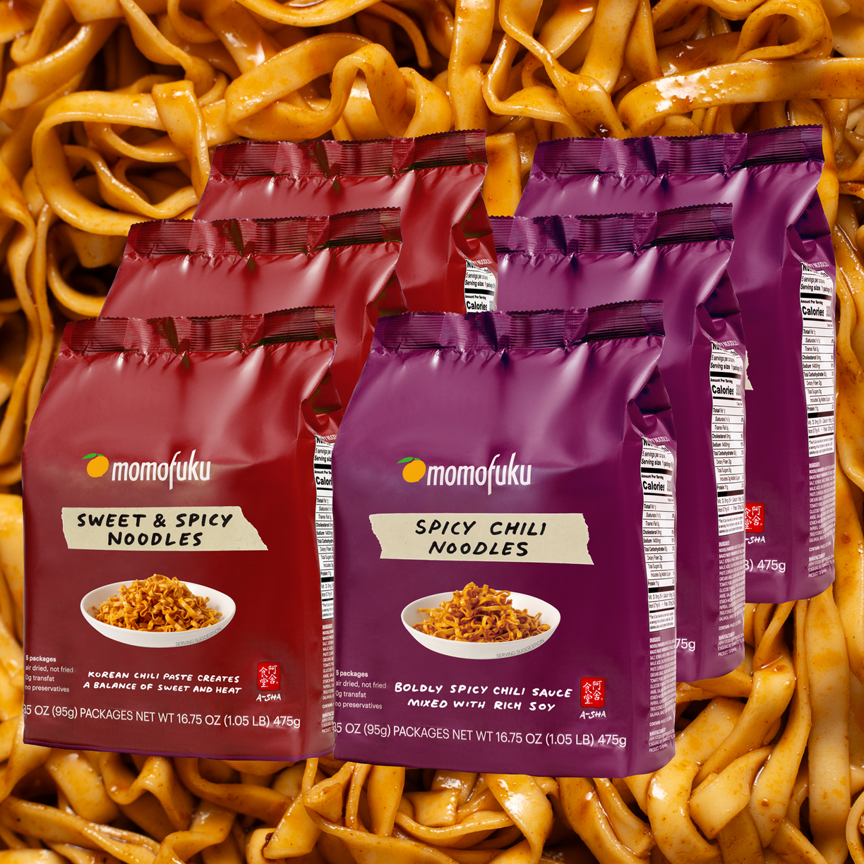3 bags of sweet & spicy noodles, 3 bags of spicy chili noodles
