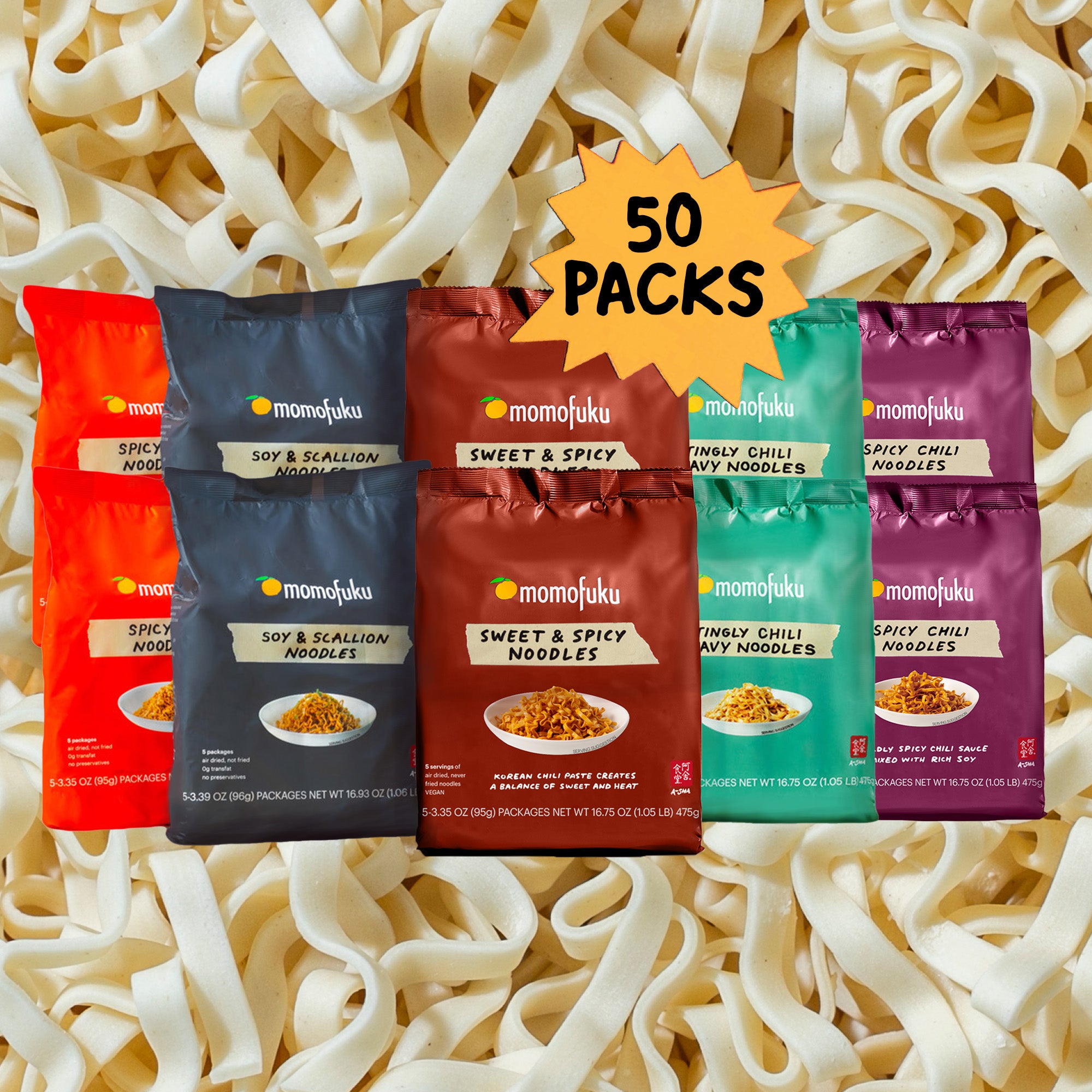 50 Packs of Momofuku Noodles on noodle background