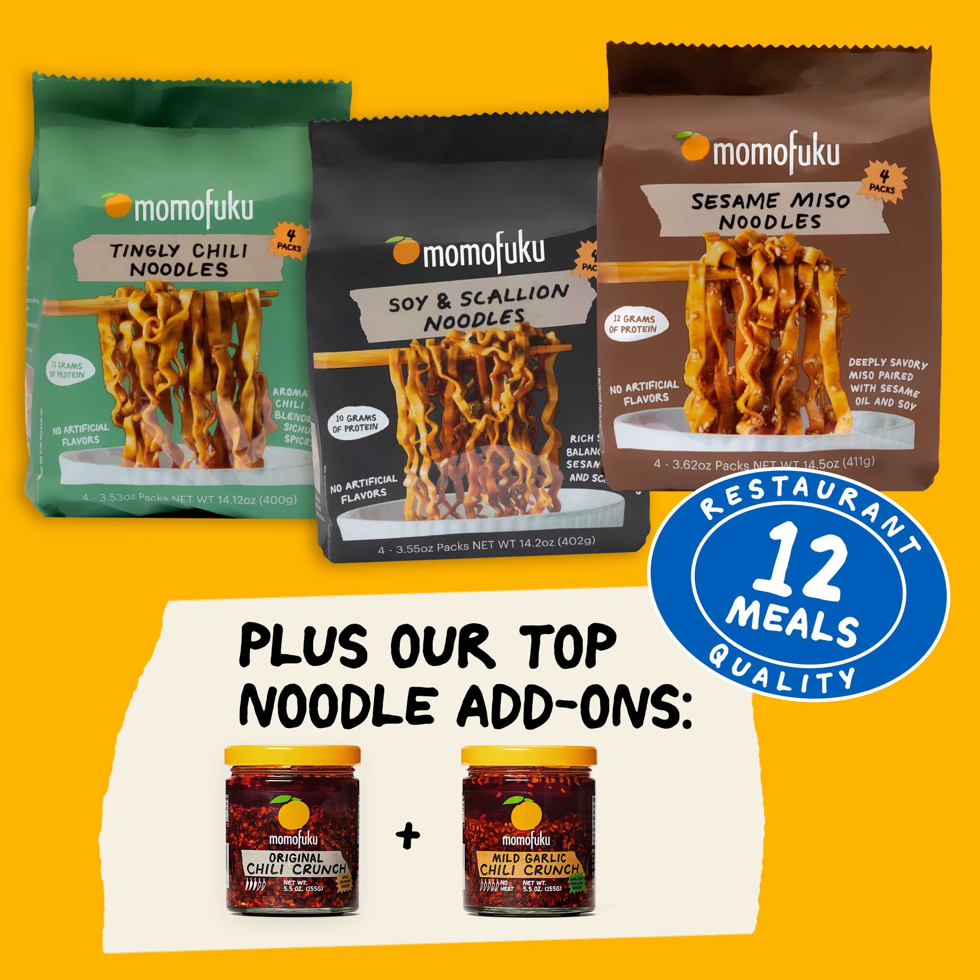 Momofuku noodles packages with top noodle add-ons on a yellow background