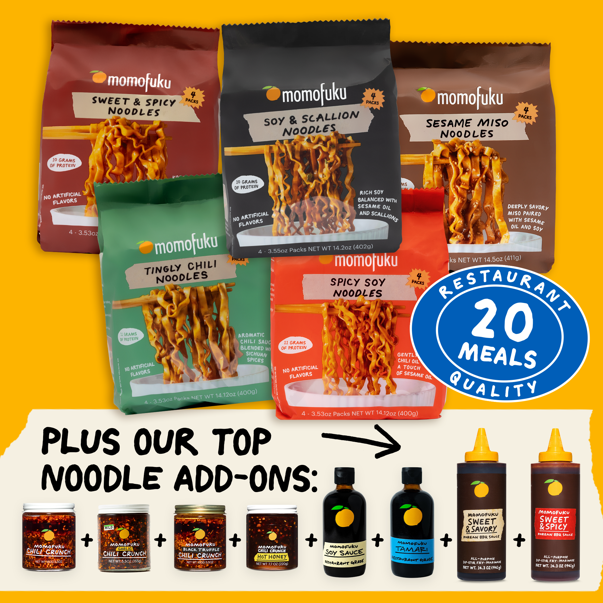 momofuku noodles and add ons in yellow background