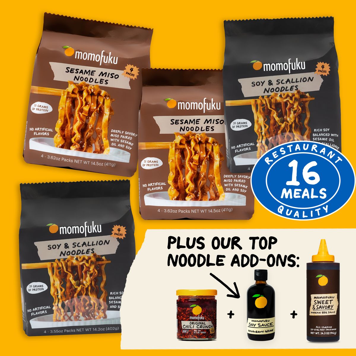 Momofuku sesame miso and soy scallion noodles packages with additional sauces on a yellow background