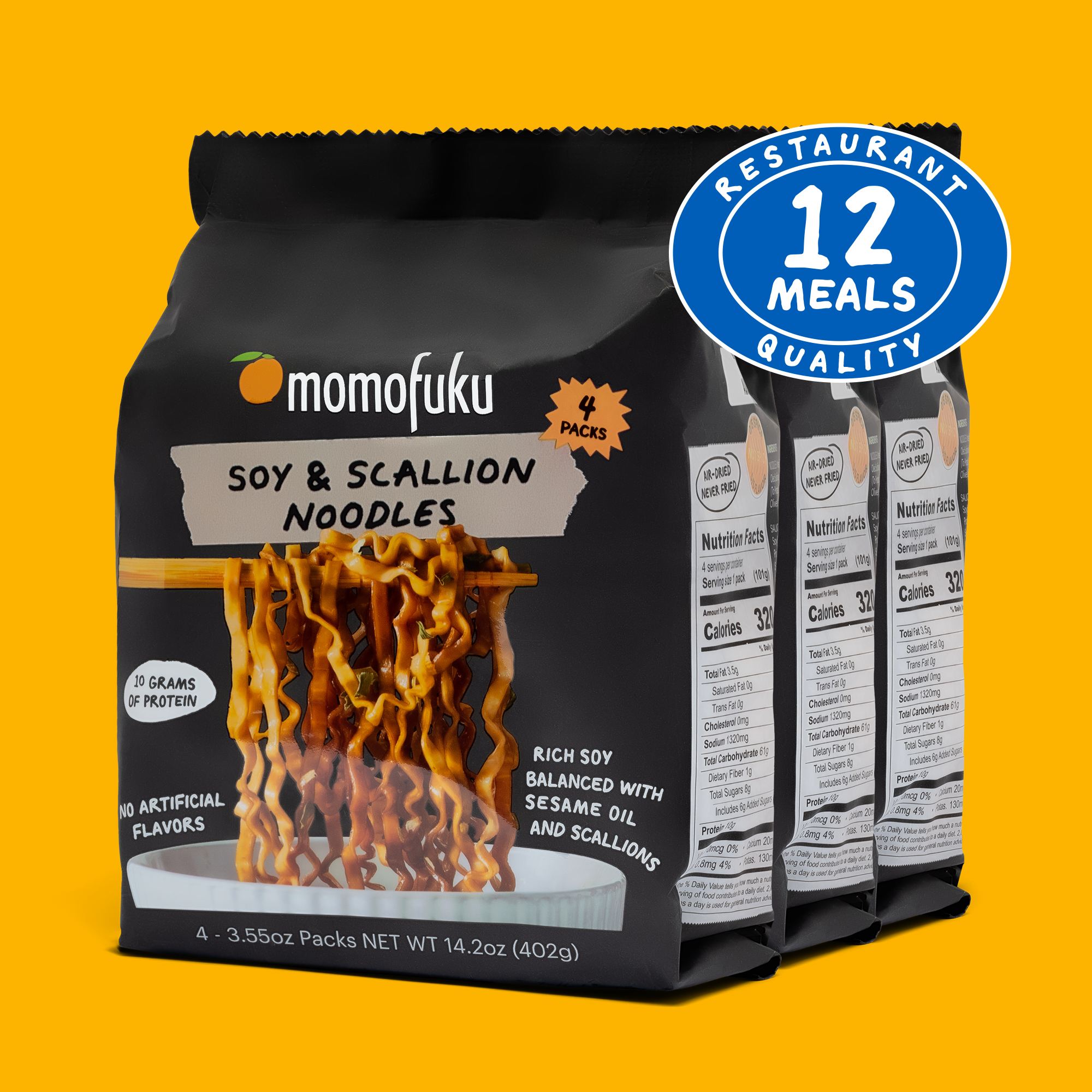 three packs of soy and scallion noodles