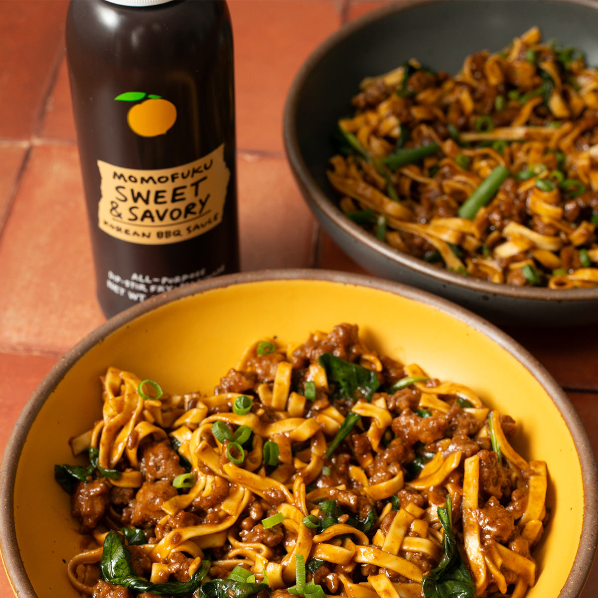 Image of Korean BBQ noodles and bottle of Sweet & Savory Korean BBQ Sauce