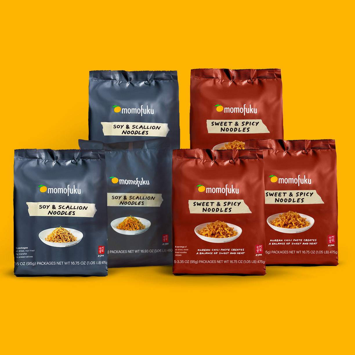 Packages of Momofuku Soy & Scallion and Sweet & Spicy Noodles on yellow background.