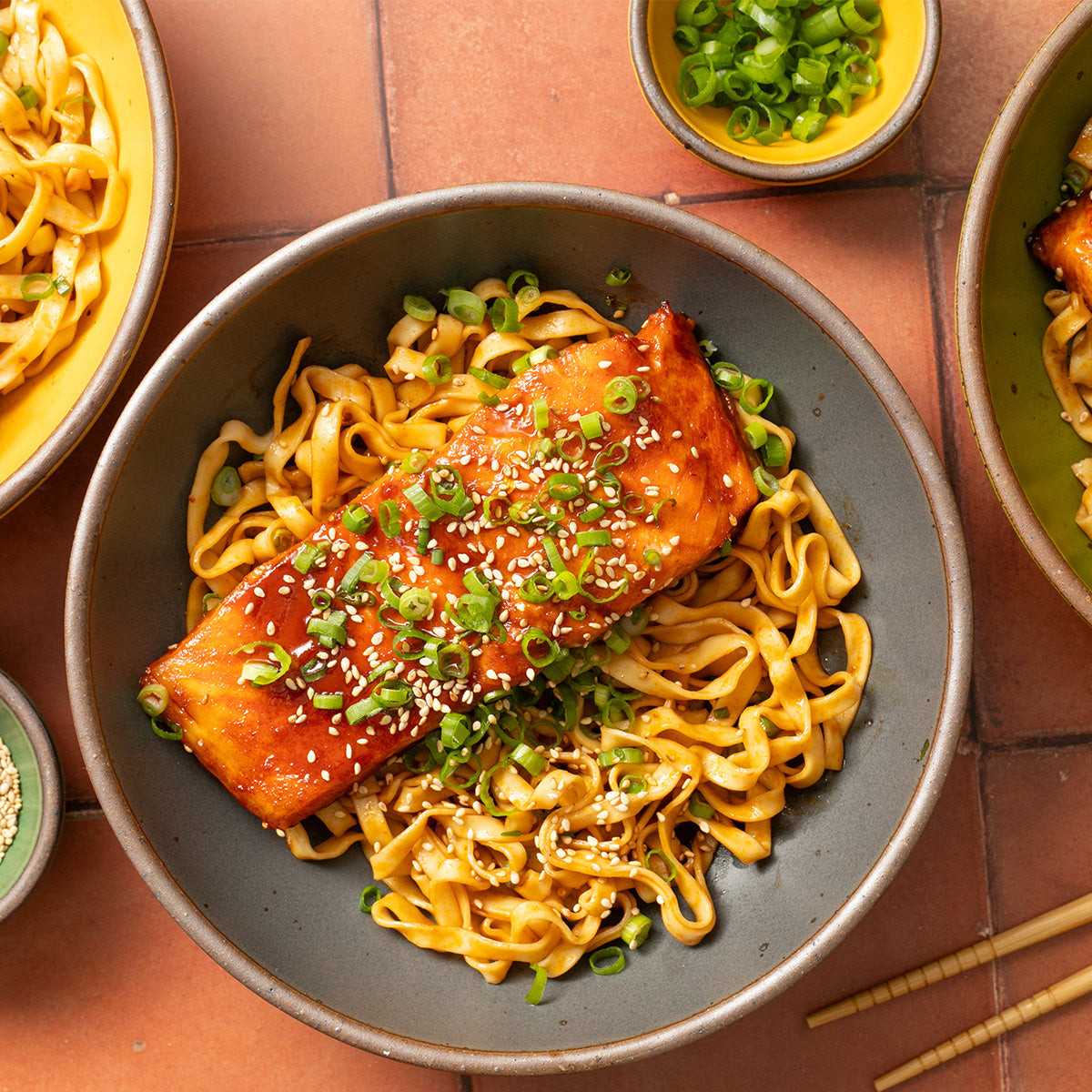 Sweet & Spicy Salmon in noodle bowl