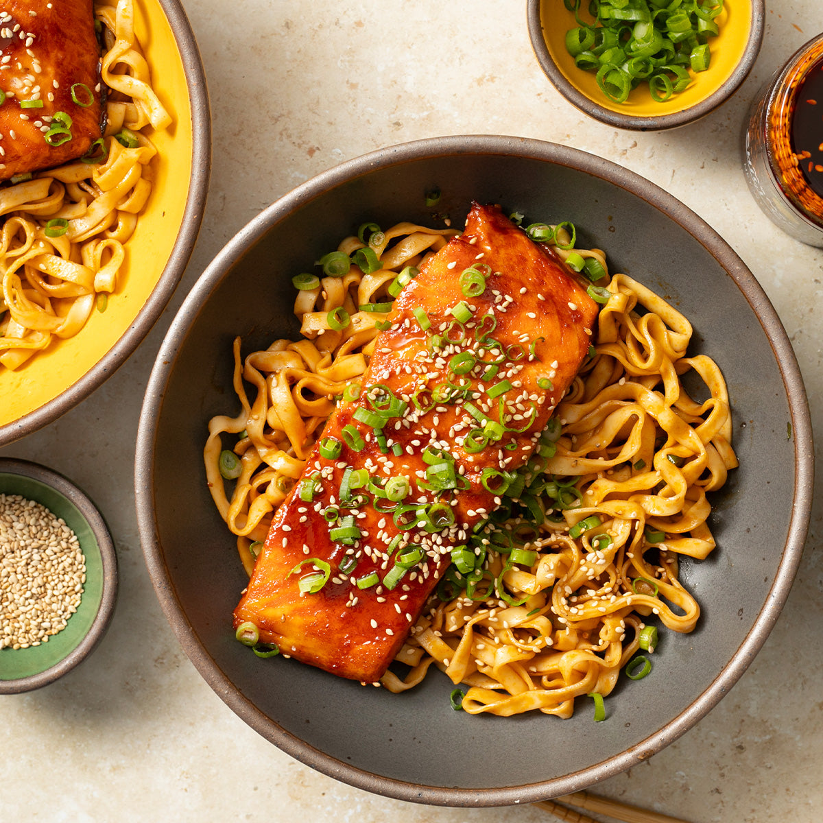 sweet & spicy salmon on noodle bowl